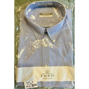 ENRO Dress Shirt Vintage Blue White Checked Half Sleeve Kaufman's 18 Neck Tall
